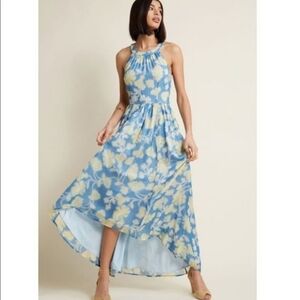 Modcloth Blue Yellow Floral High-Low Maxi Dress Spring Summer Wedding Vacation